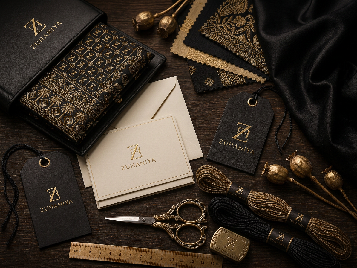 ZUHANIYA atelier table with embroidered fabric, brass tailoring tools, thread, and brand labels