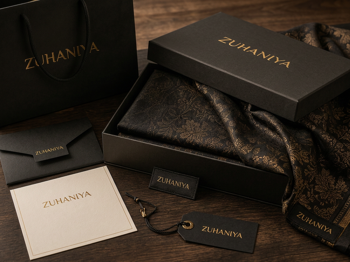 ZUHANIYA luxury clothing packaging with folded black and gold fabric, stitched labels, hang tags, and story card